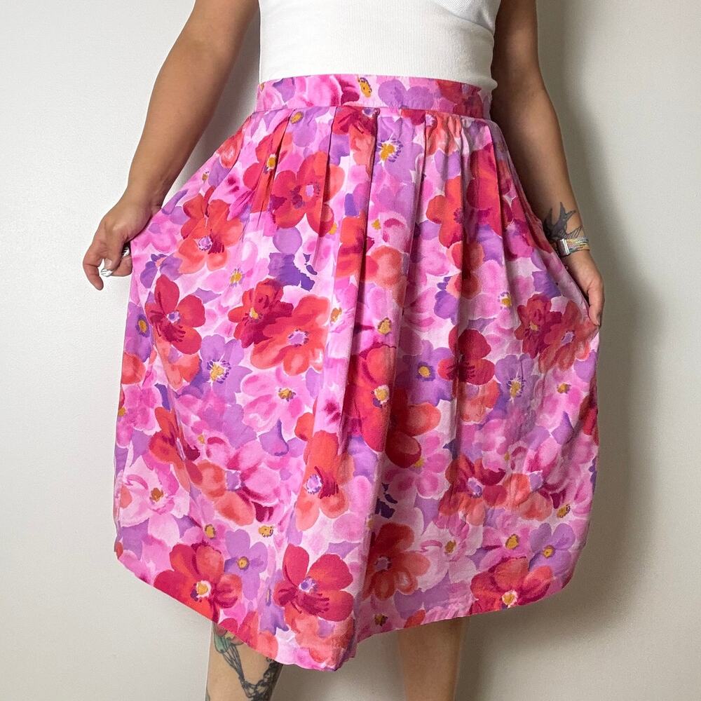 Vintage 80s JC Penny bright pink floral knee length skirt XL